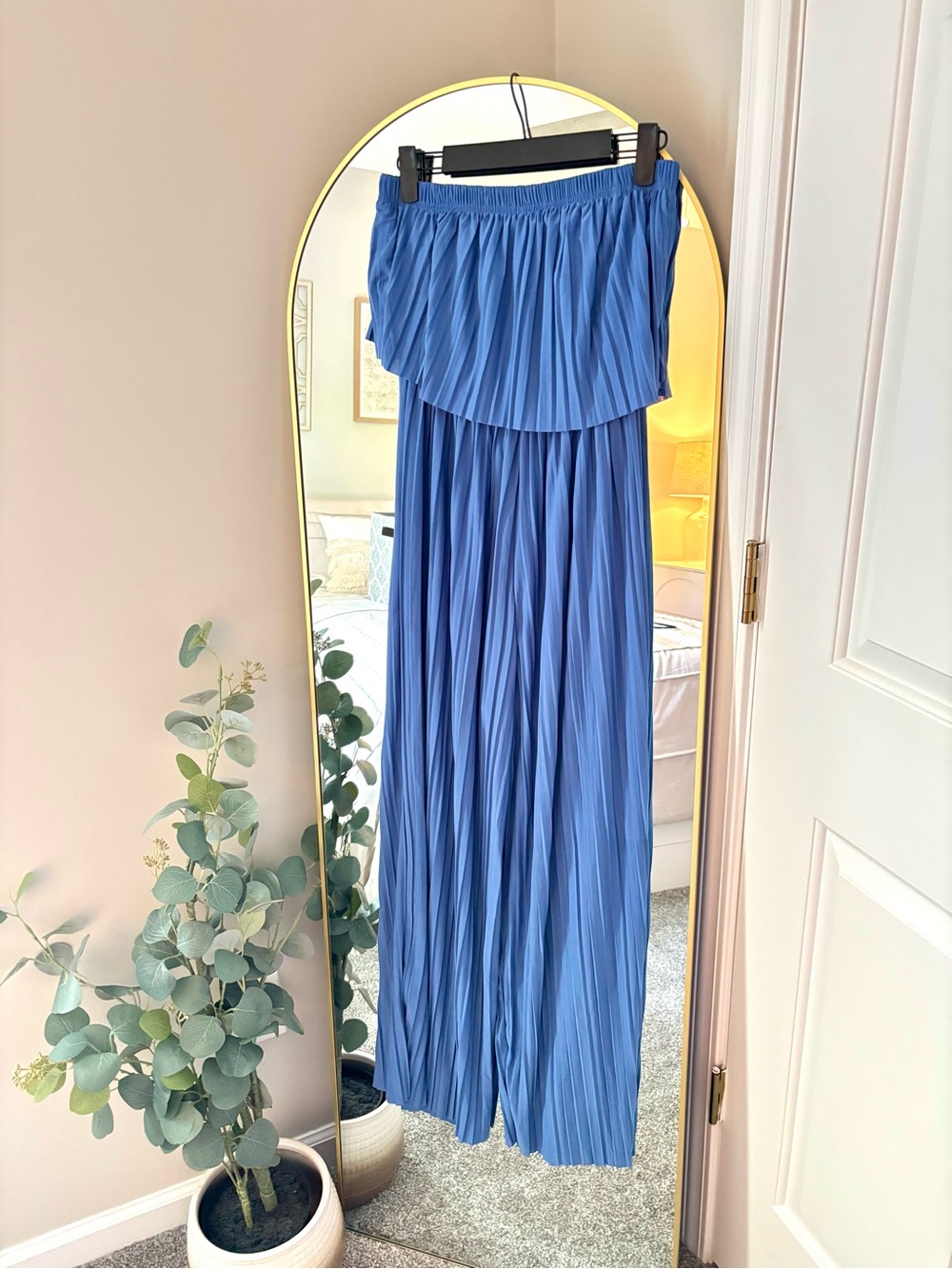 Blue Pleated Strapless Jumpsuit
